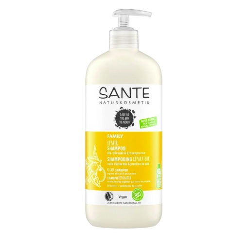 Atkuriamasis šampūnas su alyvuogių aliejumi ir žirnių baltymais, Sante Family